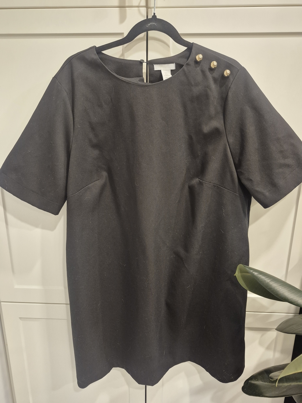 Classic Black Short-Sleeve Dress with Gold Buttons
